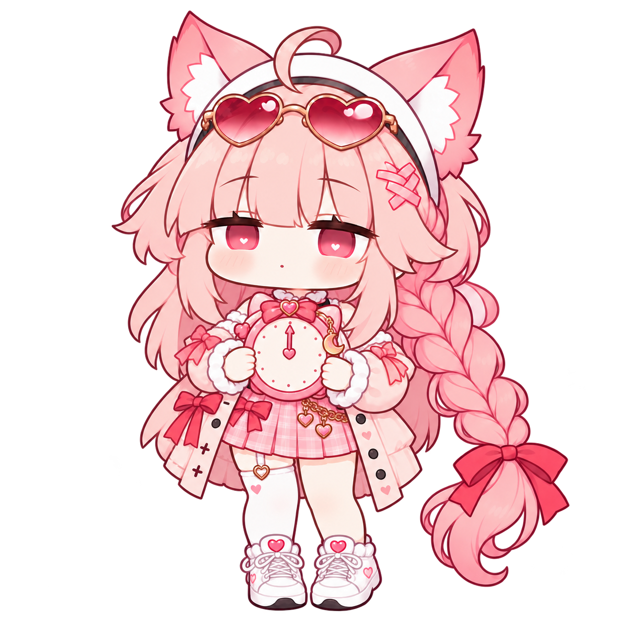 The round-cheeked pink guide holding a clock with both hands at midnight
